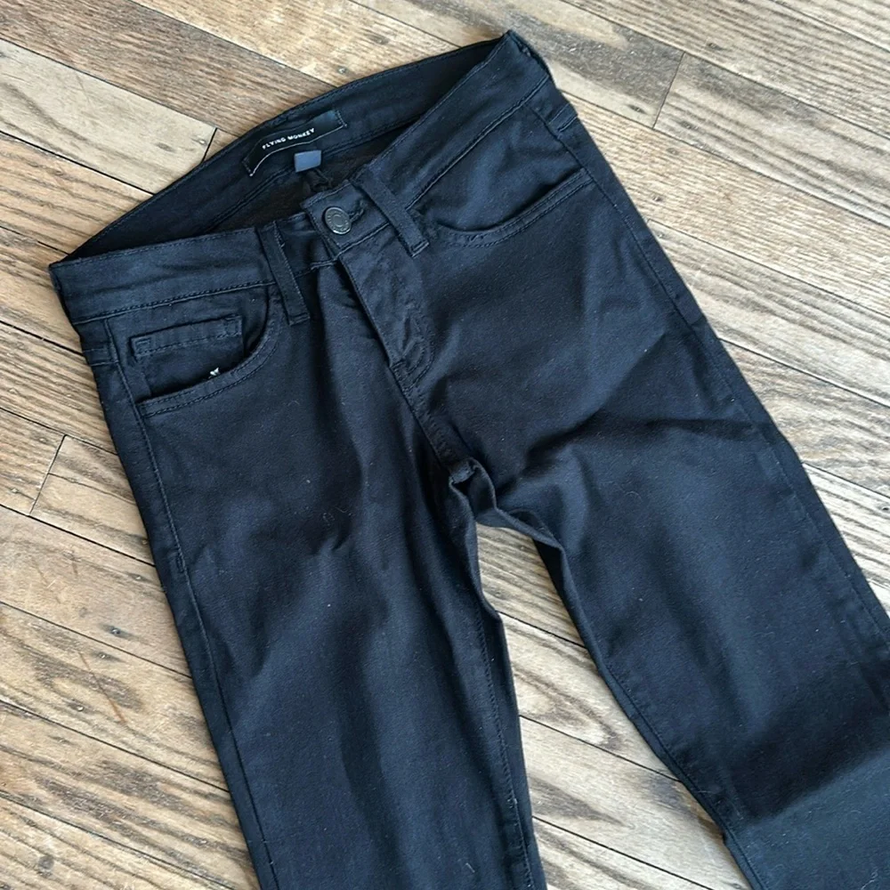 Flying Monkey Jeans Womens Mid Rise Super Flare Raw Hem Flex Denim Black 24 EUC